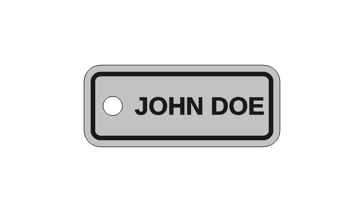 Classic white nameplate keychain with a black frame and black lettering
